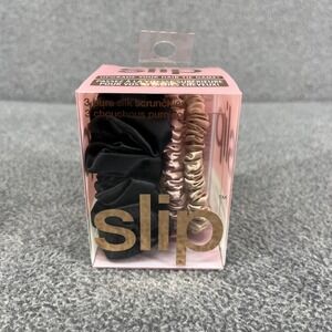 Slip Pure Silk Scrunchies Hair Tie 3 Ct -1 Large Black 2 Skinny Pink & Caramel